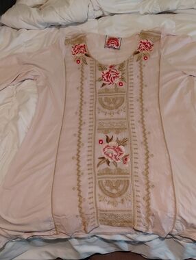 Johnny Was Blush Pink Embroidered Tunic with Gold Accents
